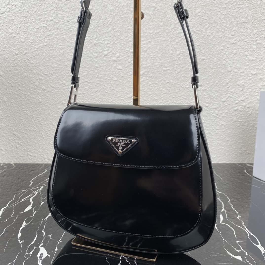 Prada Cleo Brushed Leather Shoulder Bag With Flap Black 1BD303